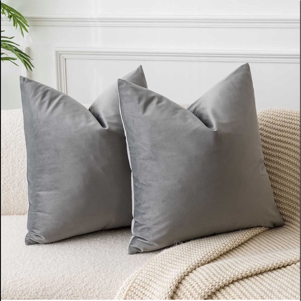 Velvety Throw Pillow Covers for Bed, Couch or Sofa Bed in Grey